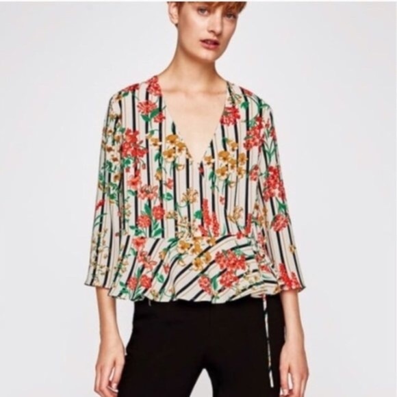 Zara Basic Collection Women S Striped Floral Kimono Sleeves Peplum Wrap Blouse - Picture 1 of 9